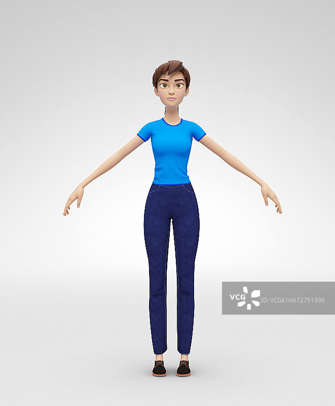 静态珍妮- 3D卡通女性角色模型-出现在人类的黄金比例姿势，在休闲服装图片素材