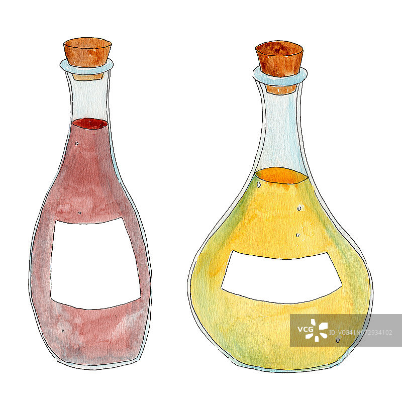 水彩画醋和油玻璃容器图片素材