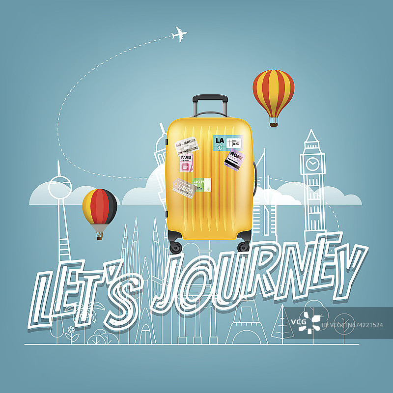 彩色塑料旅行袋与不同的旅游元素矢量插图。旅游的概念图片素材
