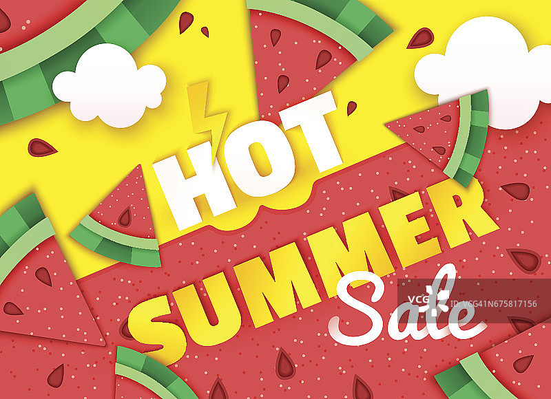 黄色背景上有西瓜片的炎热夏季销售横幅图片素材