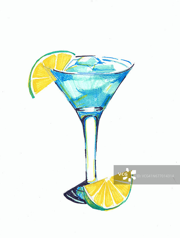 水彩画的蓝色饮料与冰在鸡尾酒杯与酸橙片上的白色背景图片素材