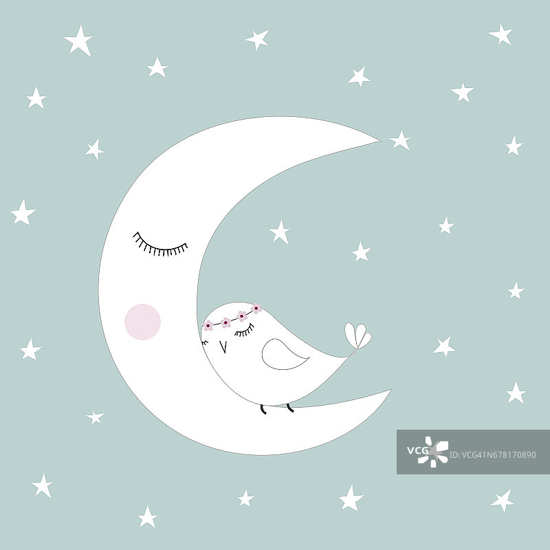 睡觉的半月形白色可爱的鸟蓝色夜空星星孩子插图房间装饰图片素材