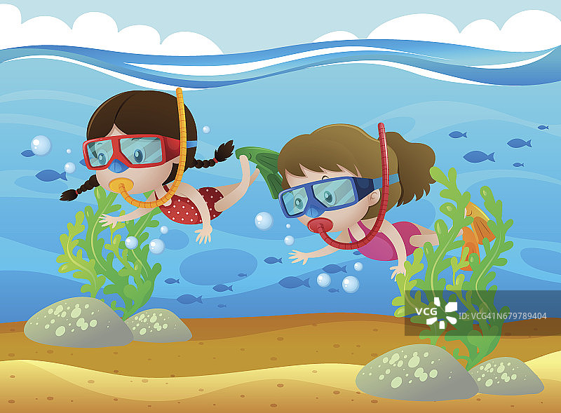 两个女孩在海底潜水图片素材