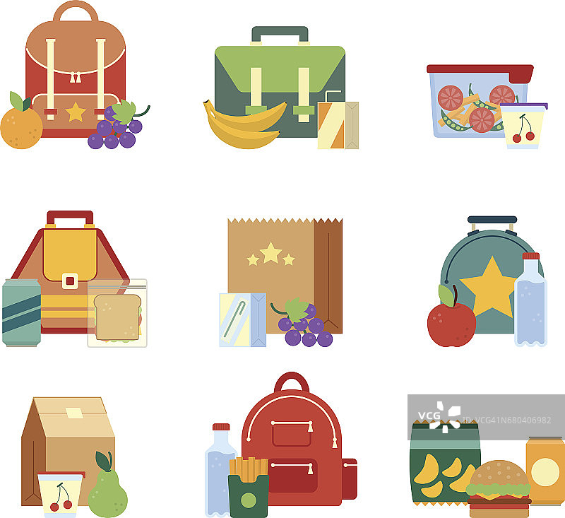 儿童健康食品午餐盒和袋子。矢量插图在平面风格图片素材