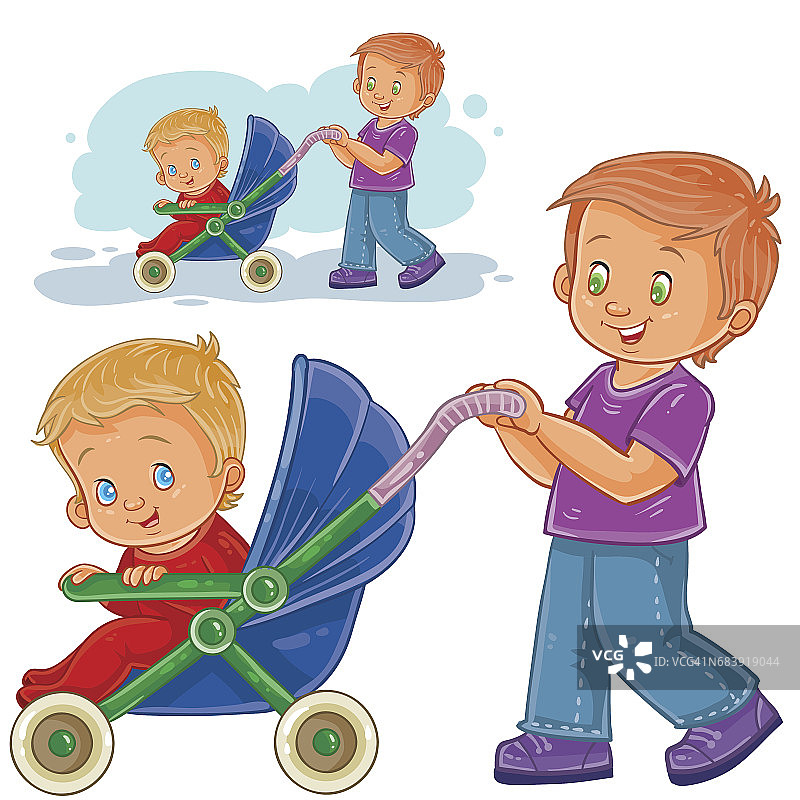 矢量剪辑艺术插图哥哥推婴儿车与孩子。图片素材