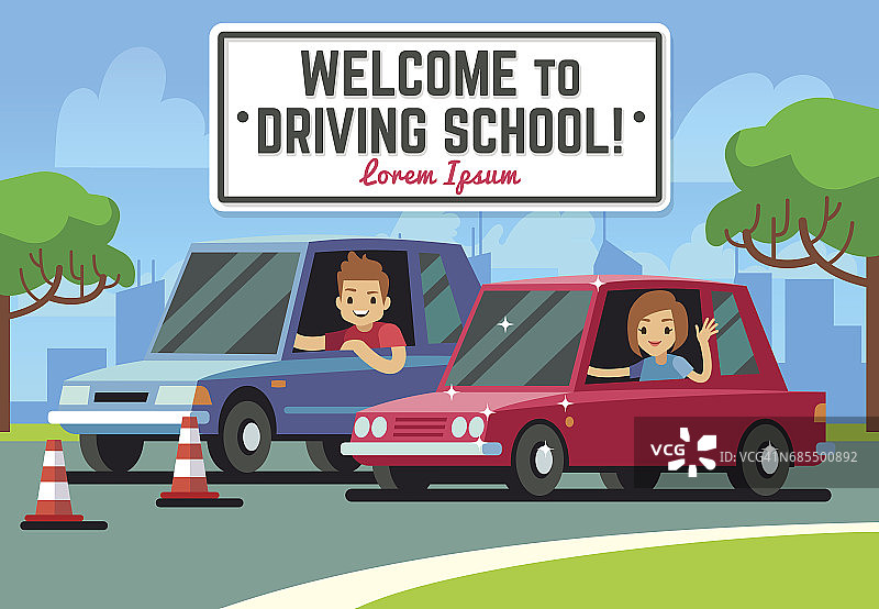 驾驶学校向量背景与年轻快乐的司机在汽车上的道路图片素材