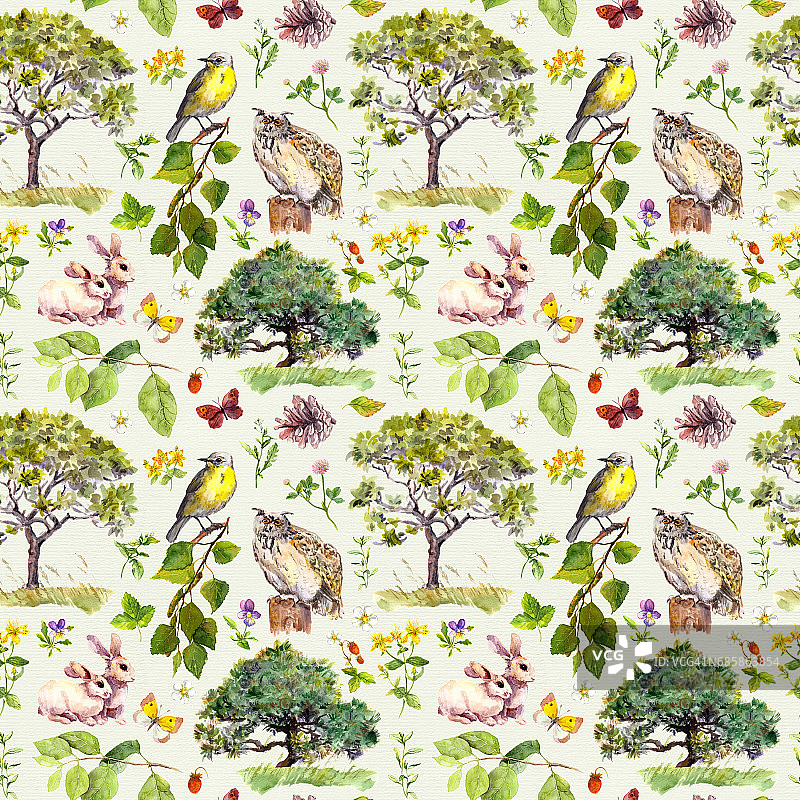 森林:鸟，兔子，树，树叶，花和草。无缝模式。水彩画图片素材