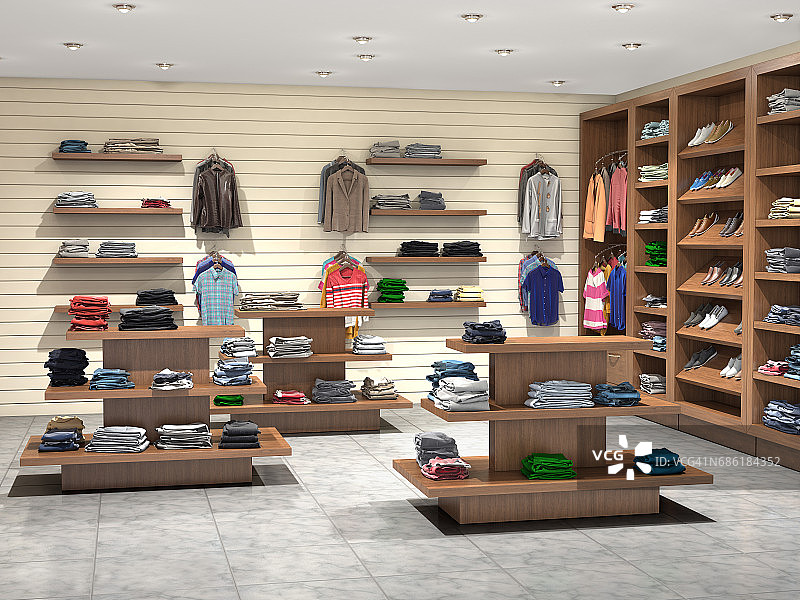 商店与木制货架和衣服，3d插图图片素材