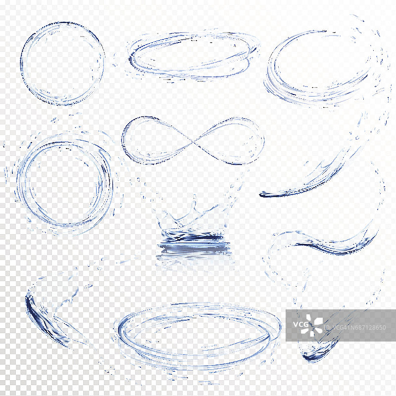 一套透明的水飞溅，圆圈，漩涡，水滴和皇冠从落入浅蓝色的水，孤立的透明背景。透明只在矢量文件图片素材