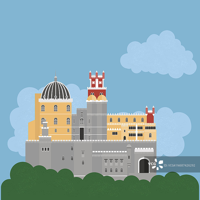 旅游地标葡萄牙元素。建筑标志为扁平的辛特拉城堡和佩纳宫殿，葡萄牙国家的象征。图片素材