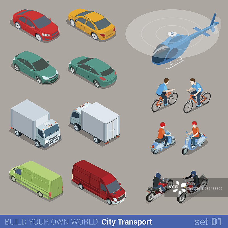 平面三维等距高品质城市交通图标集。小汽车，面包车，公共汽车，直升机，自行车，摩托车和骑手。建立你自己的世界网络信息图表收集。图片素材