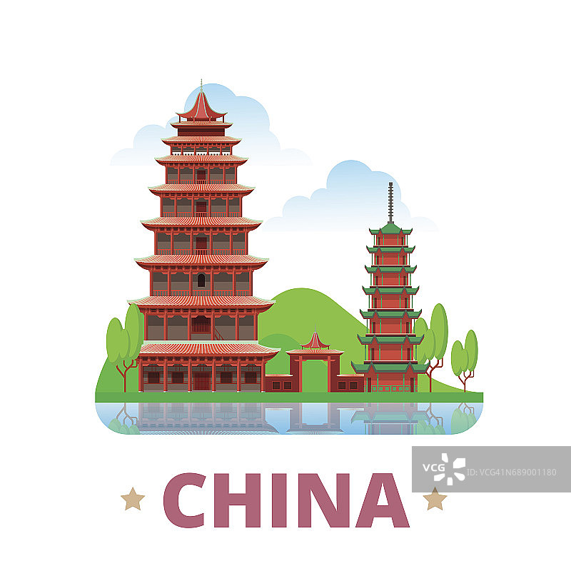 中国乡村冰箱磁铁异想天开的设计模板。平面卡通风格的历史景观展示网站矢量插图。世界度假旅游观光亚洲亚洲收藏。莫高窟。图片素材