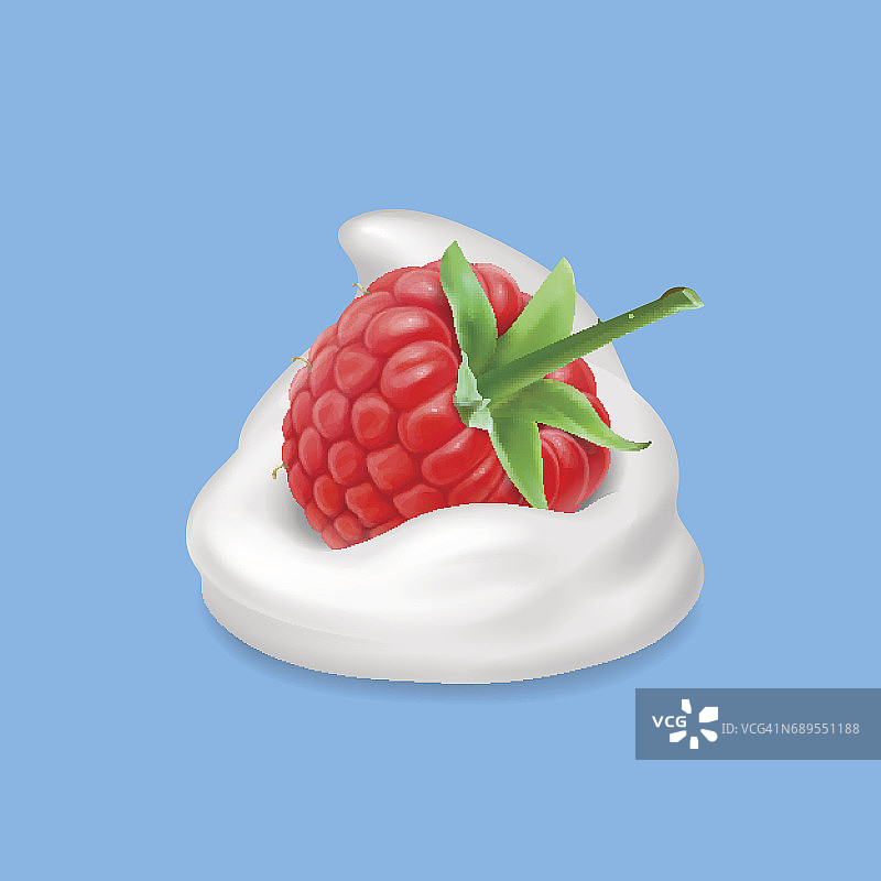 覆盆子和生奶油。酸奶和水果逼真的3d插图。矢量图标图片素材