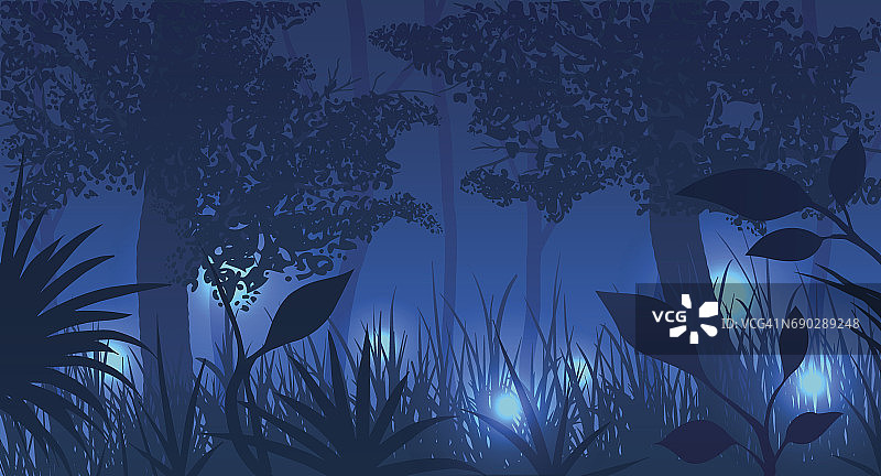 夜间萤火虫闪烁的森林。矢量插图。图片素材