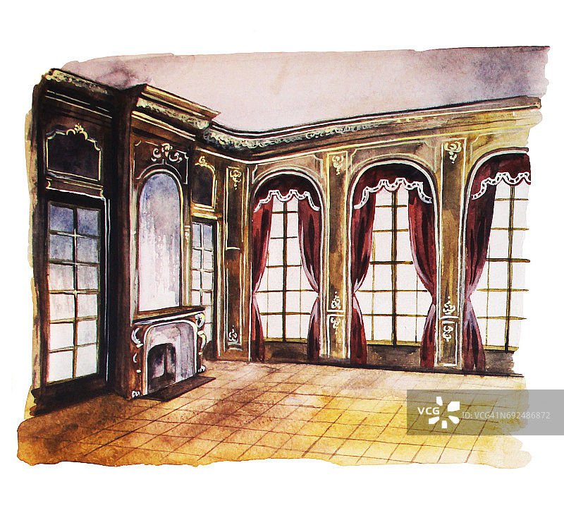 巴洛克大厅，手绘水彩插画图片素材