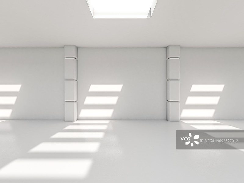 抽象的现代建筑背景，空旷的白色开放空间的室内。三维渲染图片素材