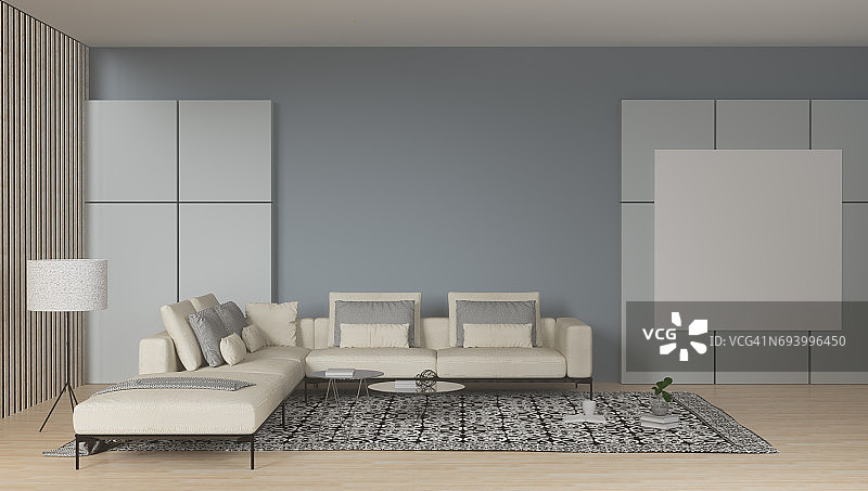 家具和白色沙发在房间内部，家居内部用扶手椅极简风格的木地板和干净的墙壁为艺术品3d插图图片素材