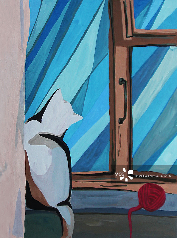 猫在窗户上，手绘水彩插图图片素材