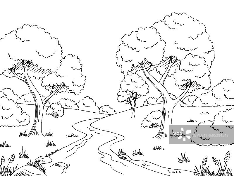 森林河流图形黑白景观素描插图矢量图片素材