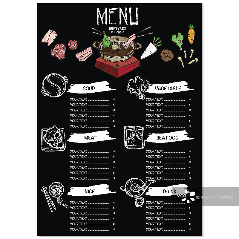 菜单日式料理寿喜烧涮锅餐厅模板设计手绘图形。图片素材