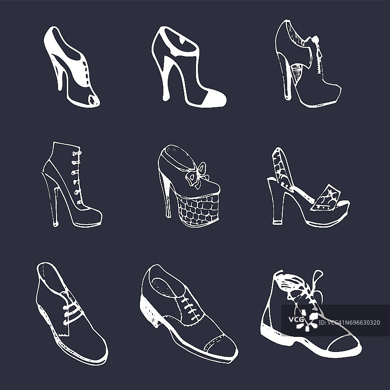 向量男人和女人的鞋子设置。鞋类收集在草图风格。图片素材
