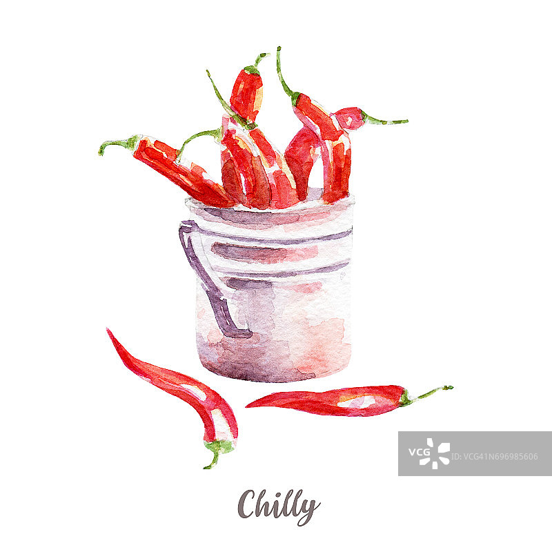 新鲜的辣椒插图。手绘水彩在白色的背景。图片素材