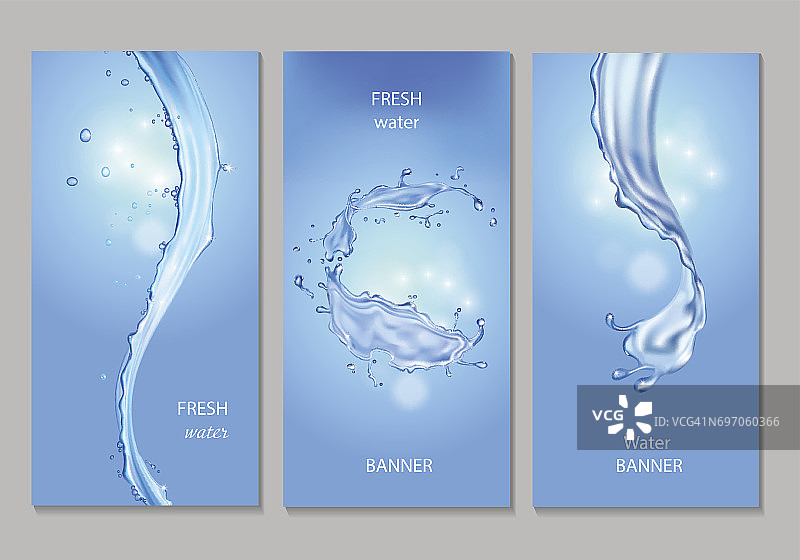 垂直横幅与流动和水珠晶莹湛蓝的水。向量新鲜度概念集图片素材