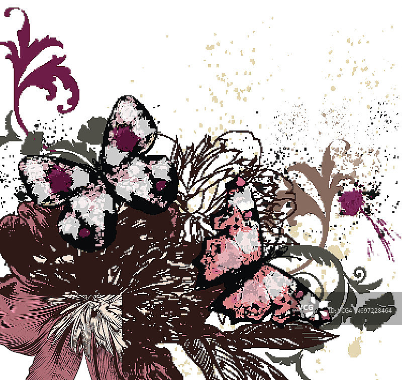 插图与彩色蝴蝶和牡丹花，grunge风格的背景图片素材
