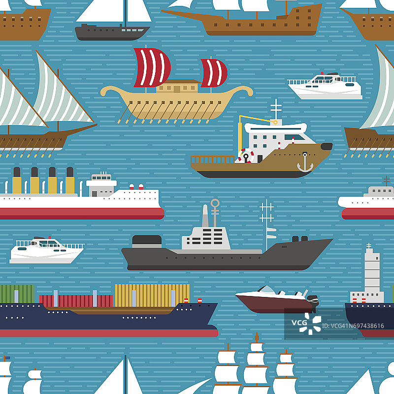 船舶巡洋舰海上船舶旅游产业矢量帆船巡洋舰海上无缝模式背景图片素材