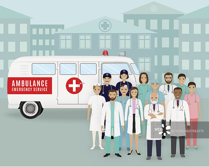 一组医生和护士在复古救护车的背景上。紧急医疗服务人员图片素材