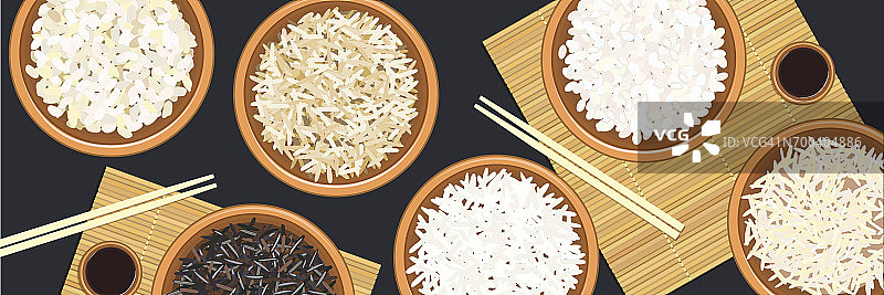 横幅和不同类型的米饭在碗。印度香菇，野香，茉莉花，棕色长条，arborio，寿司。筷子图片素材