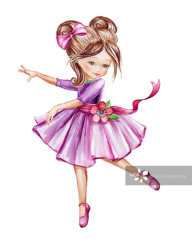 水彩插图，可爱的小芭蕾舞者，年轻的女孩在粉红色的裙子跳舞，孩子，娃娃，剪辑艺术孤立在白色的背景图片素材