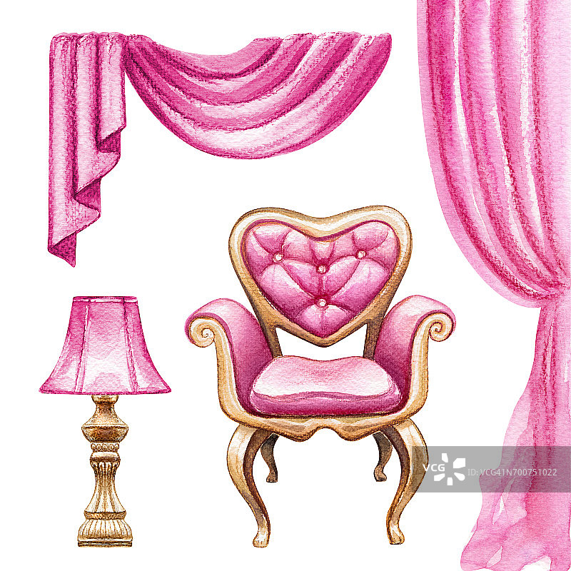 水彩插图，室内设计元素，窗帘，灯，椅子，闺房家具，剪贴艺术孤立的白色背景图片素材