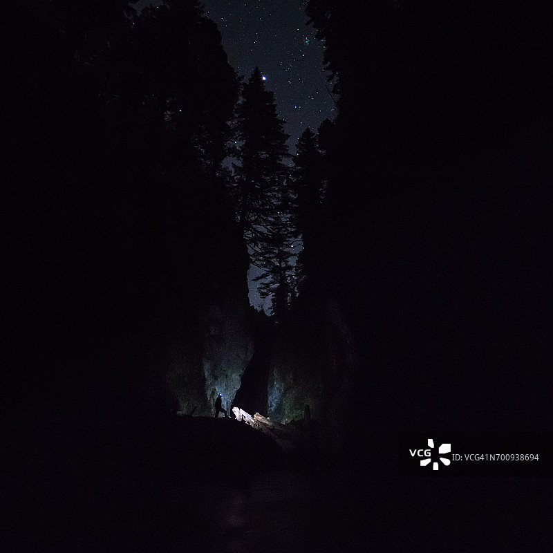 探险家在夜晚的河流峡谷与头灯下的星星-宽图片素材