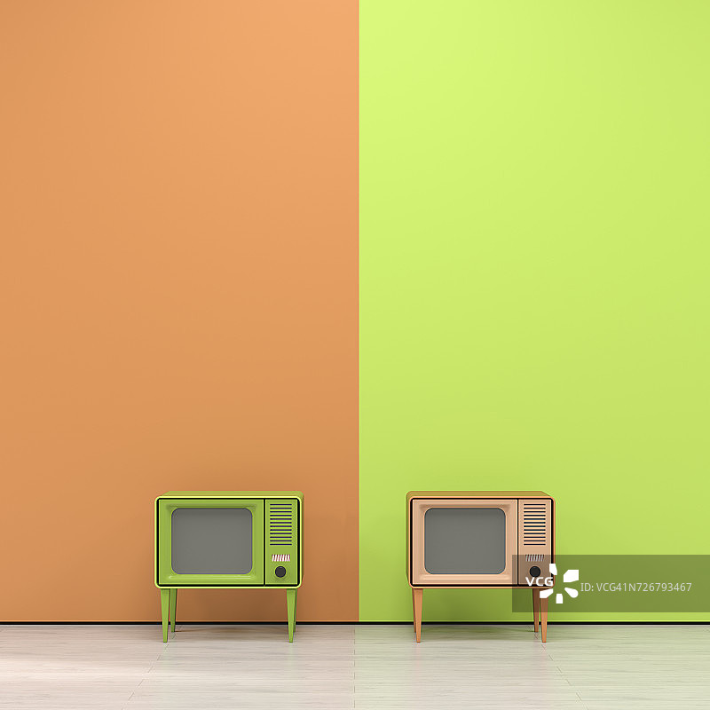绿色和橙色的复古风格的电视前面的橙黄墙图片素材