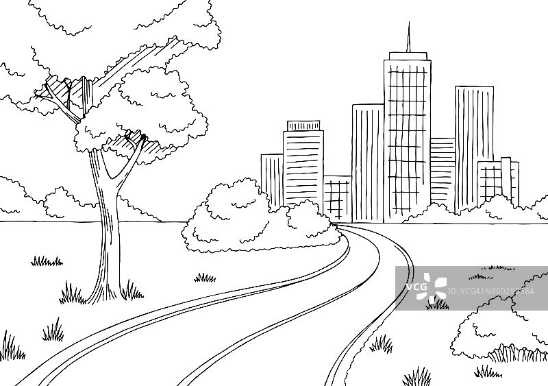 道路城市图形黑白城市景观素描插图矢量图片素材