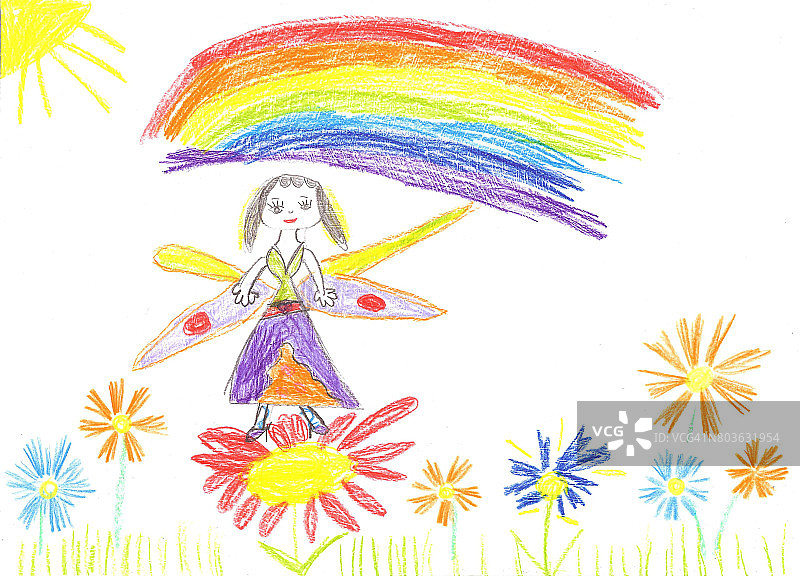 孩子画仙女在花上飞行图片素材