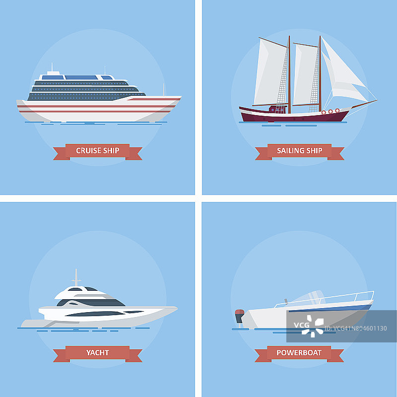 船和船矢量集图标在一个平坦的风格。图片素材