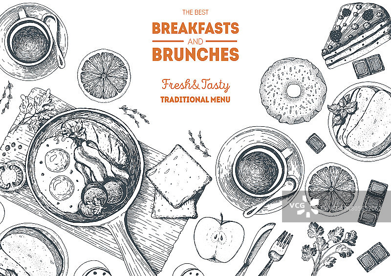 早餐和早午餐俯视图框架。食品菜单设计。复古手绘草图矢量插图。图片素材