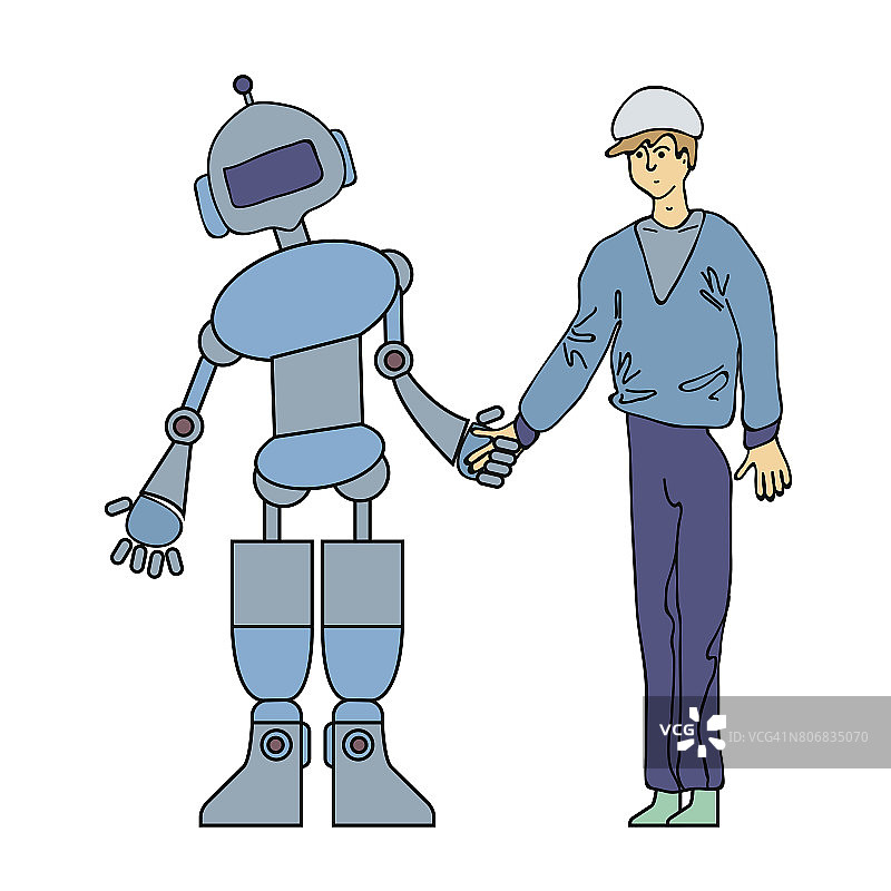 男人和机器人握手。人工智能，人和机器人之间的友谊。矢量概念插图，孤立在白色。图片素材