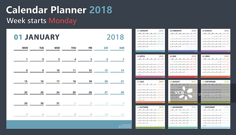 2018年日历计划周一开始，矢量日历设计2018年图片素材