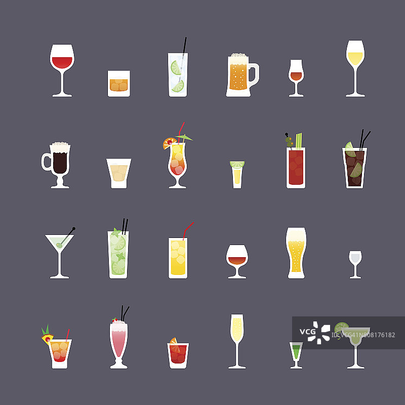 酒精饮料和鸡尾酒，平面图标设置图片素材