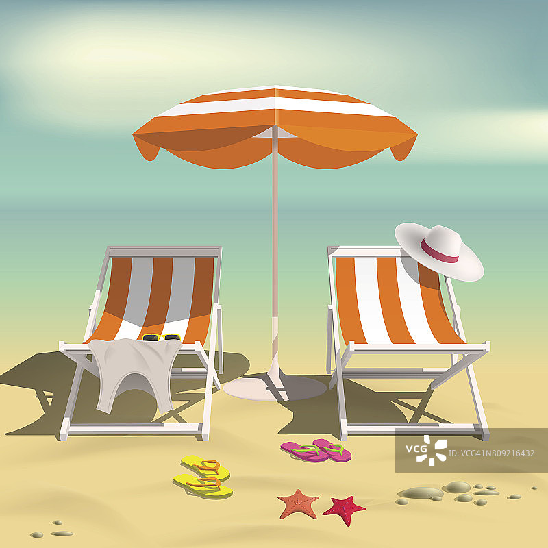 夏天。躺椅和沙滩伞。海滩上的沙子。夏天休息。矢量图图片素材