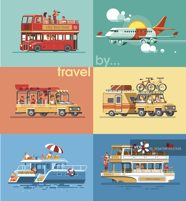 旅游交通。乘坐不同的交通工具环游世界。越野车、英国巴士、飞机、游船、游艇、自行车。平面向量插图。3 d风格。图片素材