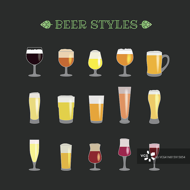 不同啤酒杯风格的向量集合图片素材