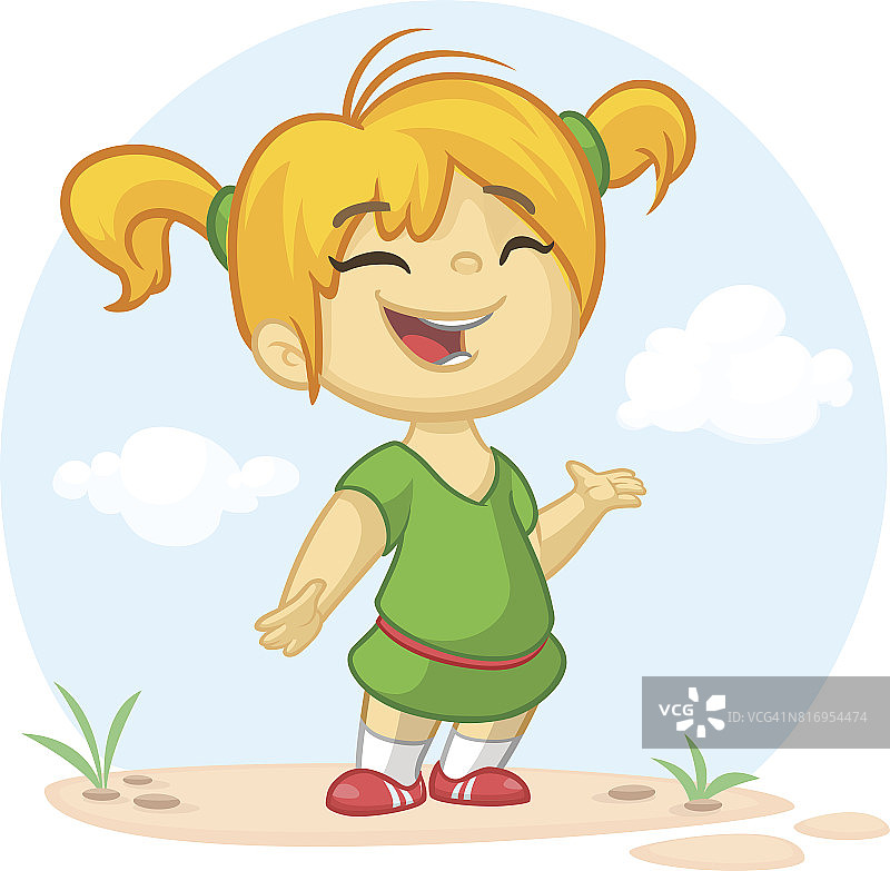 金发小女孩，穿着一件绿色衣服。假日矢量插图卡通风格的贺卡，海报，横幅。金发少女站在谈论夏季插图图片素材