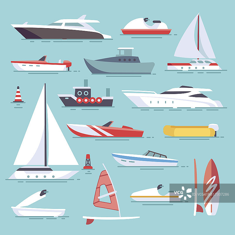 海船和小渔船。帆船平面矢量图标图片素材