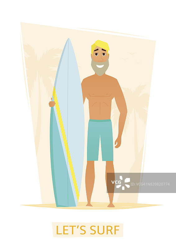 英俊的冲浪者与冲浪板在海滩上图片素材