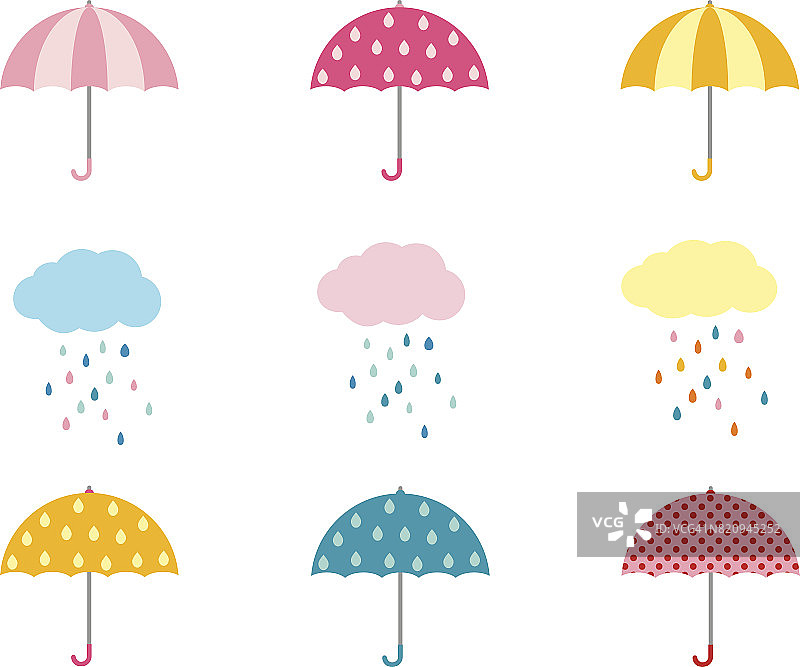 可爱的雨伞收藏和云与雨滴图片素材