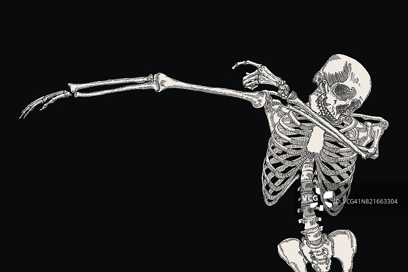 人体舞蹈DAB的骨架在黑色背景上，孤立，执行轻拍动作手势，姿态矢量。图片素材